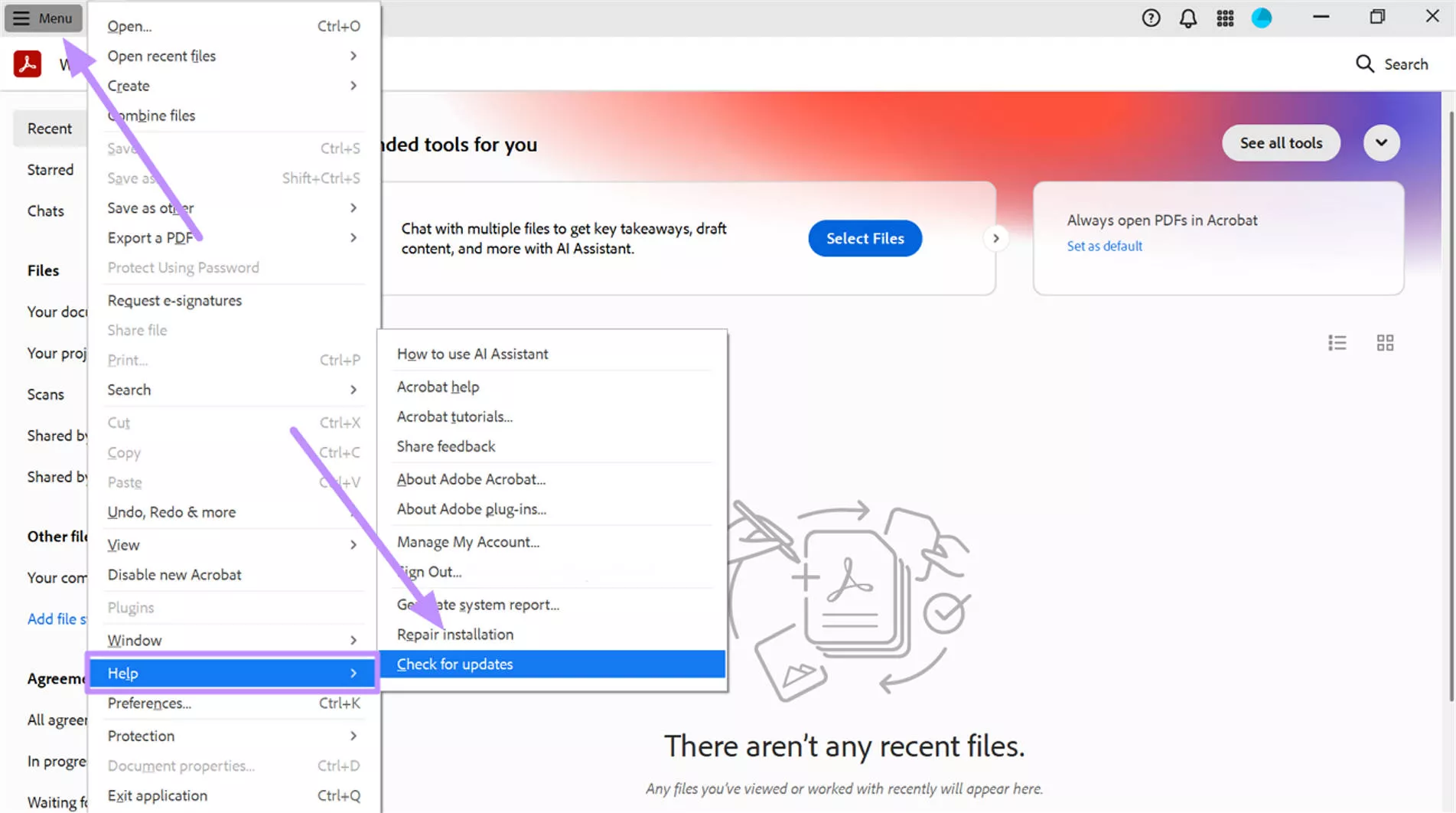 tap on check for updates acrobat windows