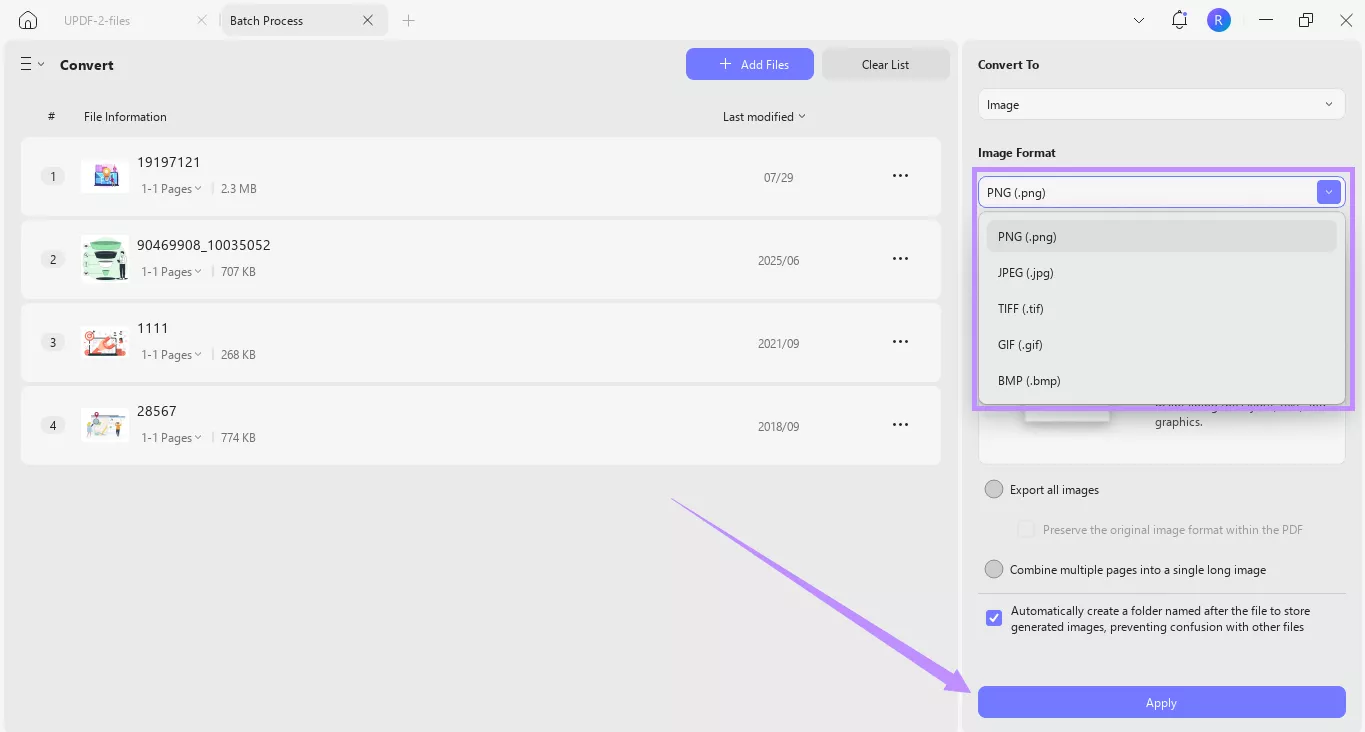  choose an image format and click apply in updf