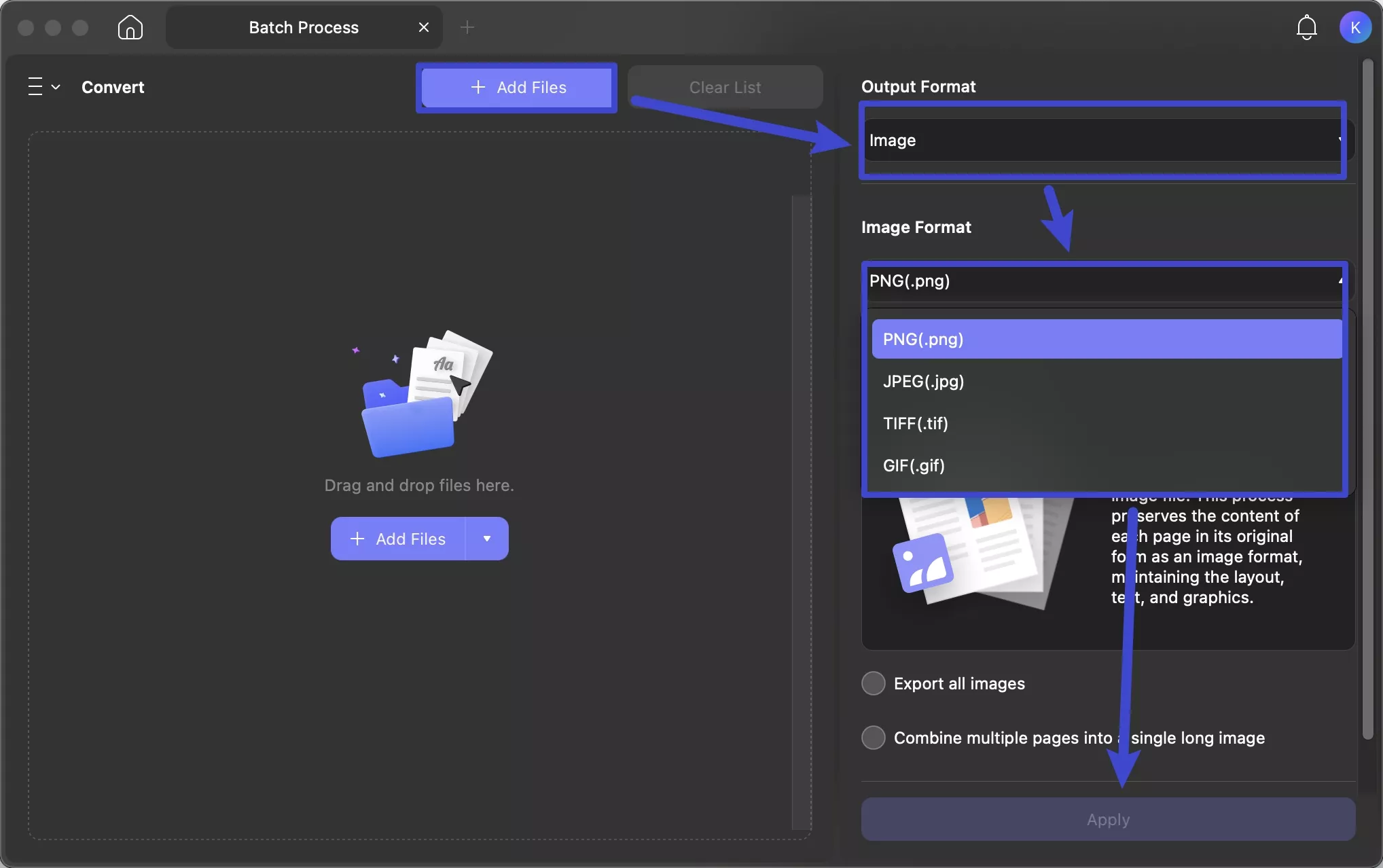  choose image format and convert files in batch updf mac