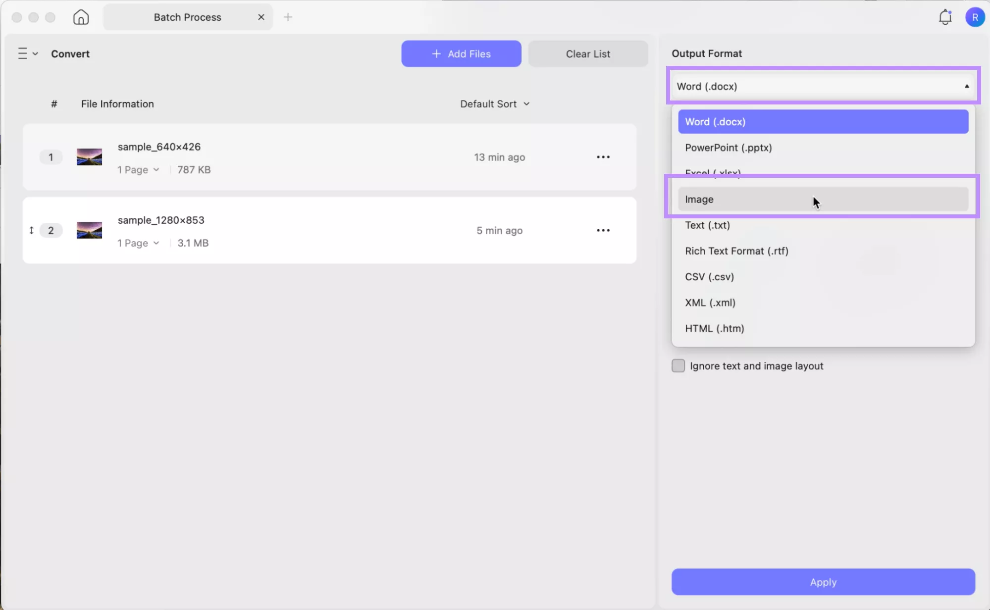 choose the image output format updf mac