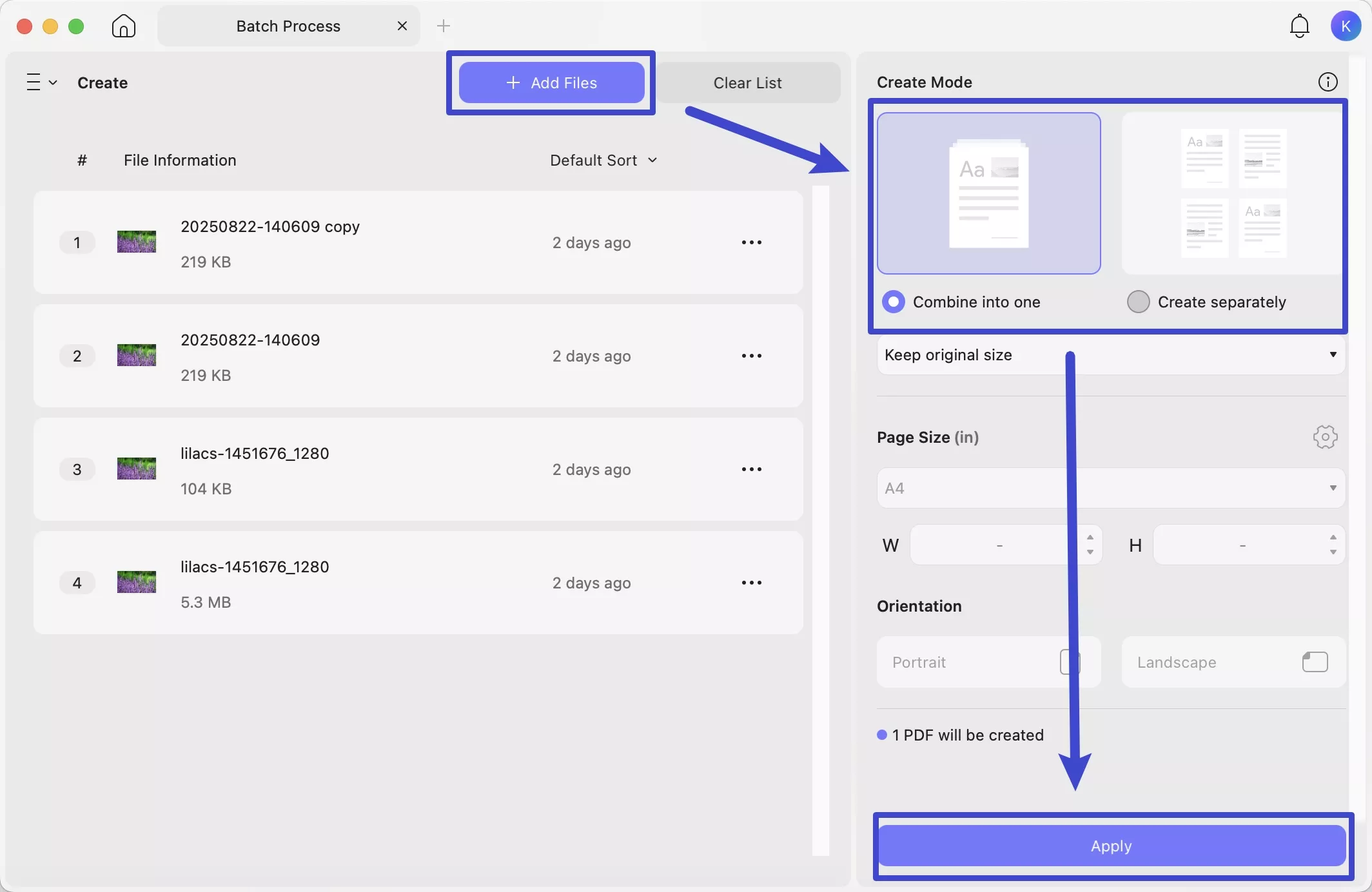 click add files in updf mac batch create