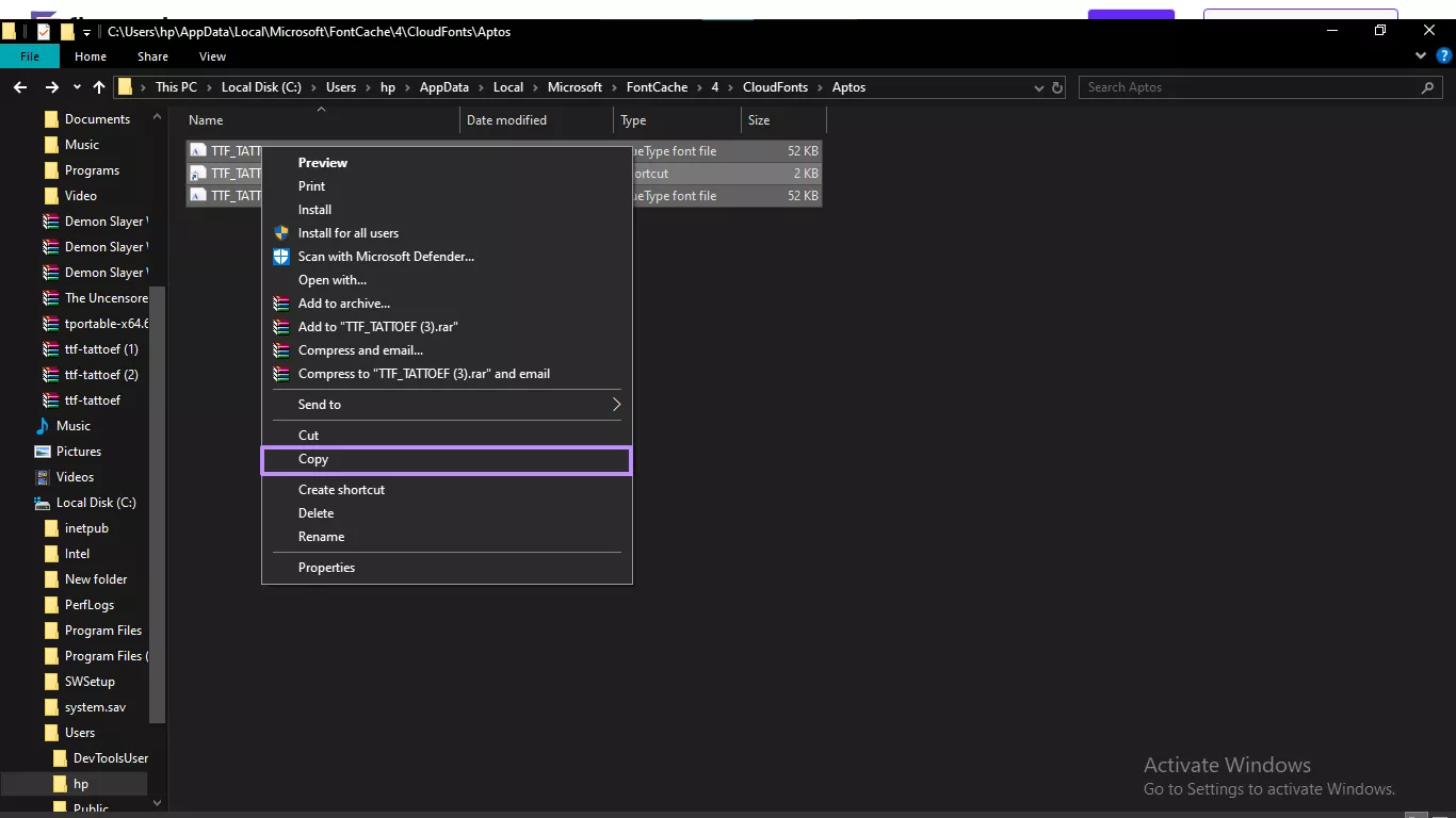 copy the downloaded aptos font outlook