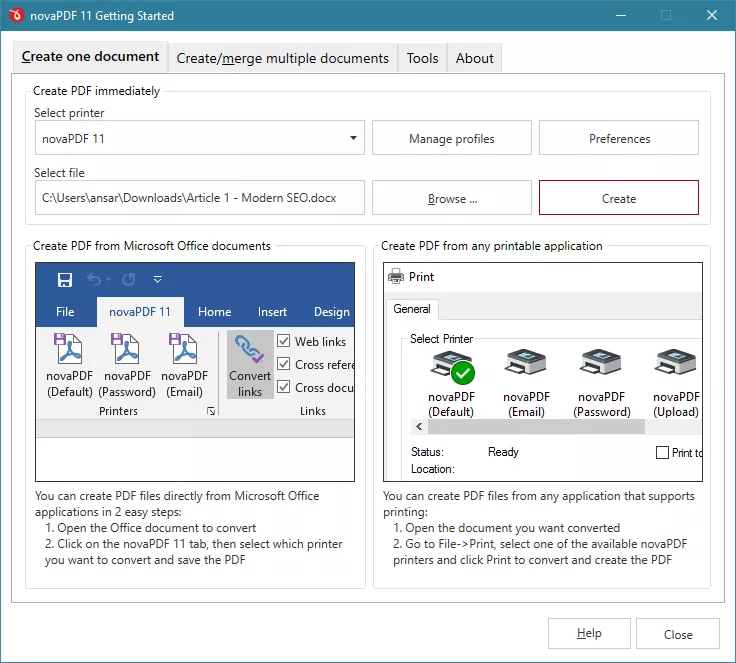 create one document in novapdf