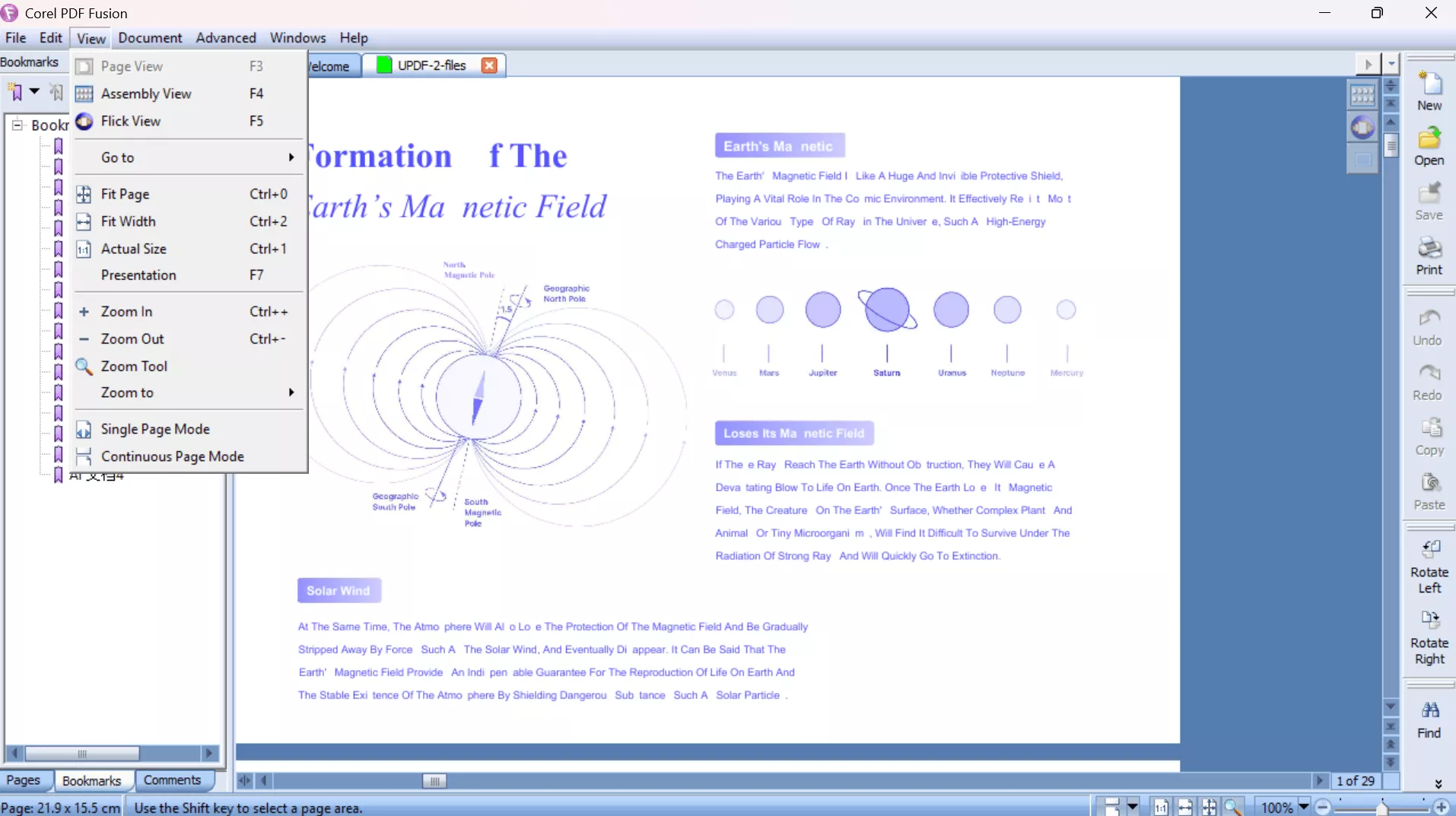 document reading features of corel