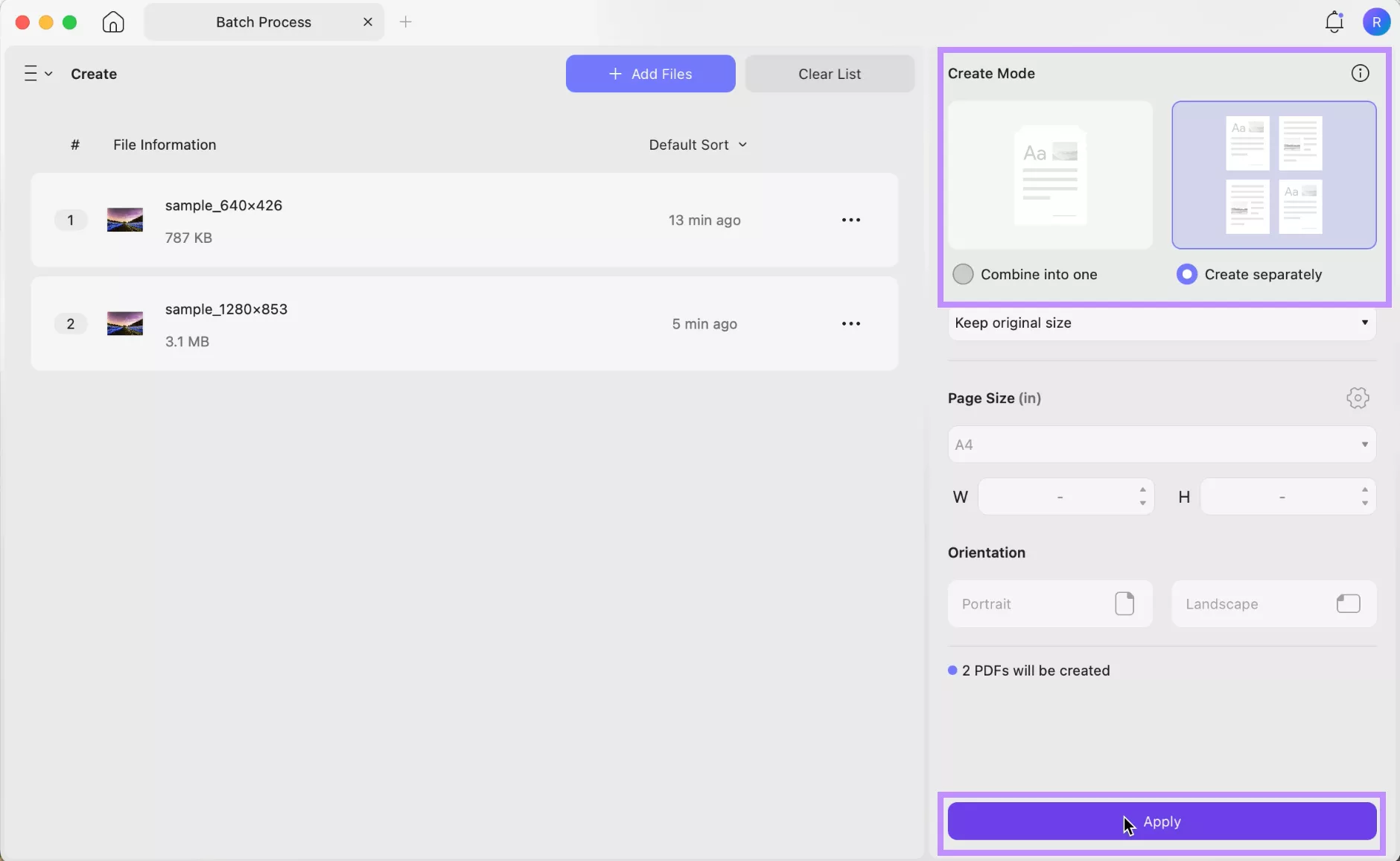 select a create mode and click apply in updf mac