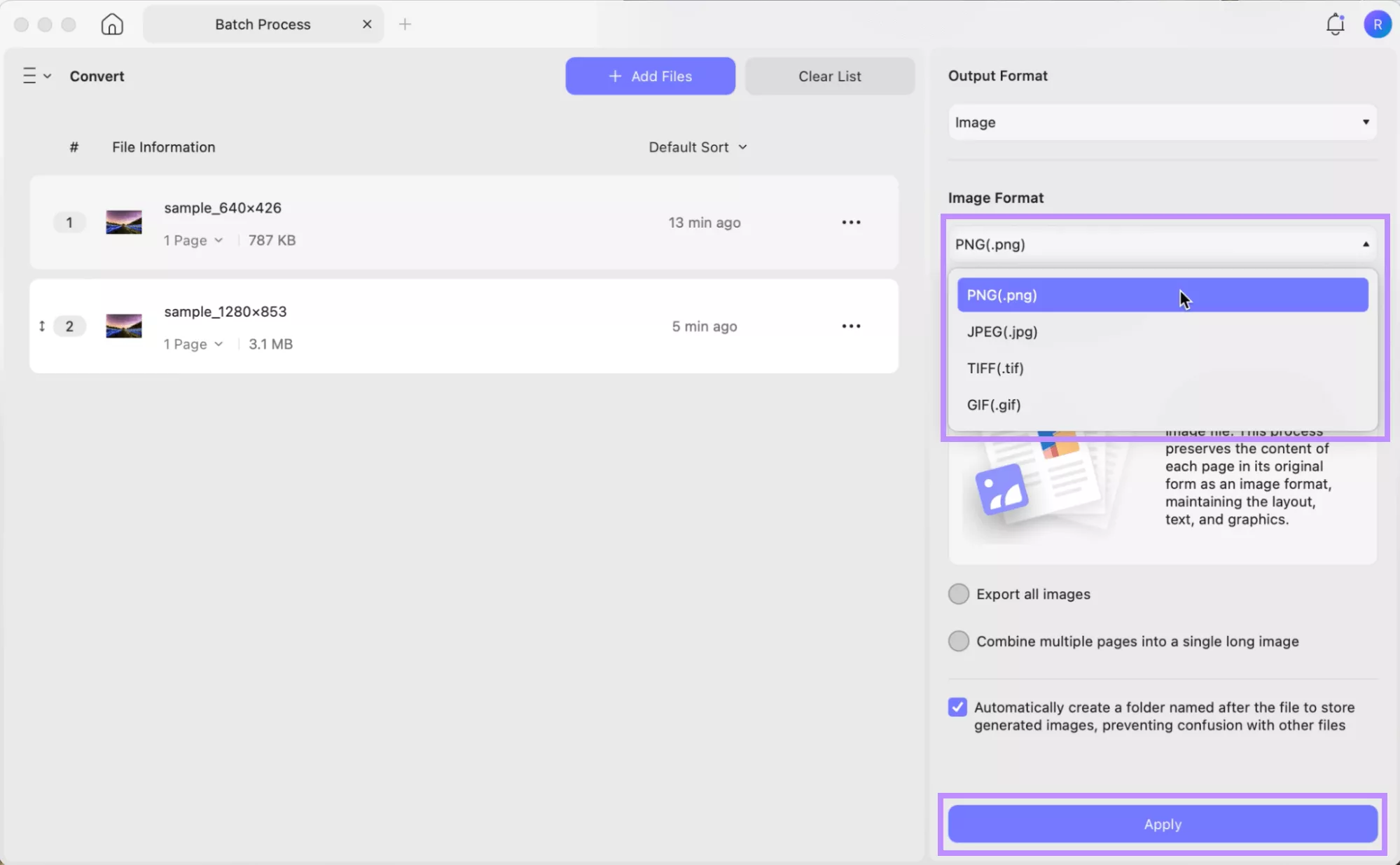 select an image type and click apply in updf mac