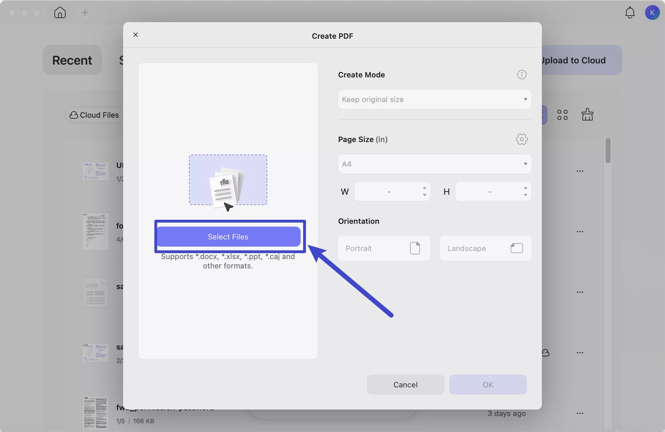 upload files and select a page size option