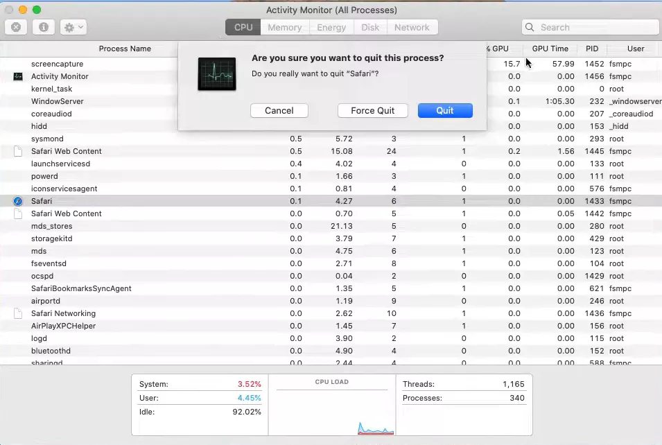 Closing an app via Activity Monitor on Mac