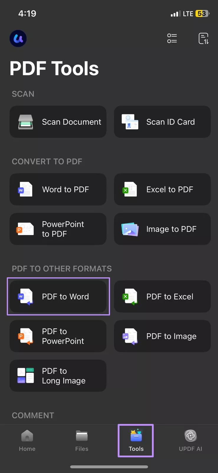 Image Alt: access pdf to word feature updf ios