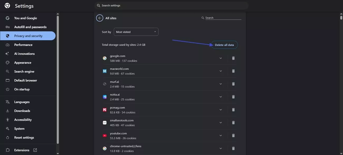 delete all cookies data in chrome