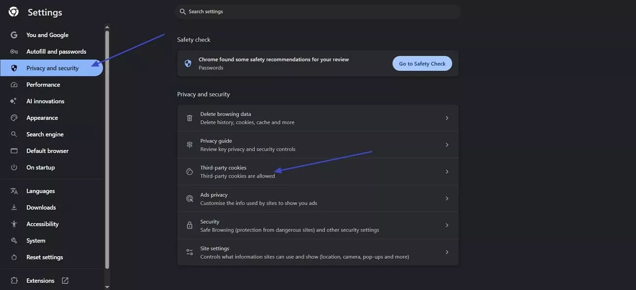 choose third party cookies settings