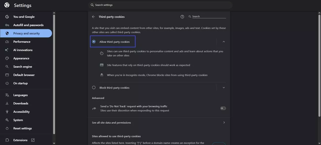 enable third party cookies in chrome