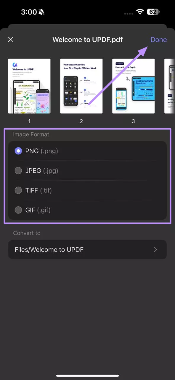 choose image format and tap done updf ios