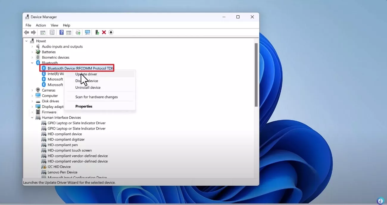 choose bluetooth, select update driver