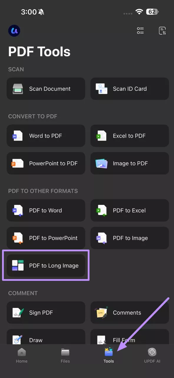 enter the pdf to long image feature updf ios