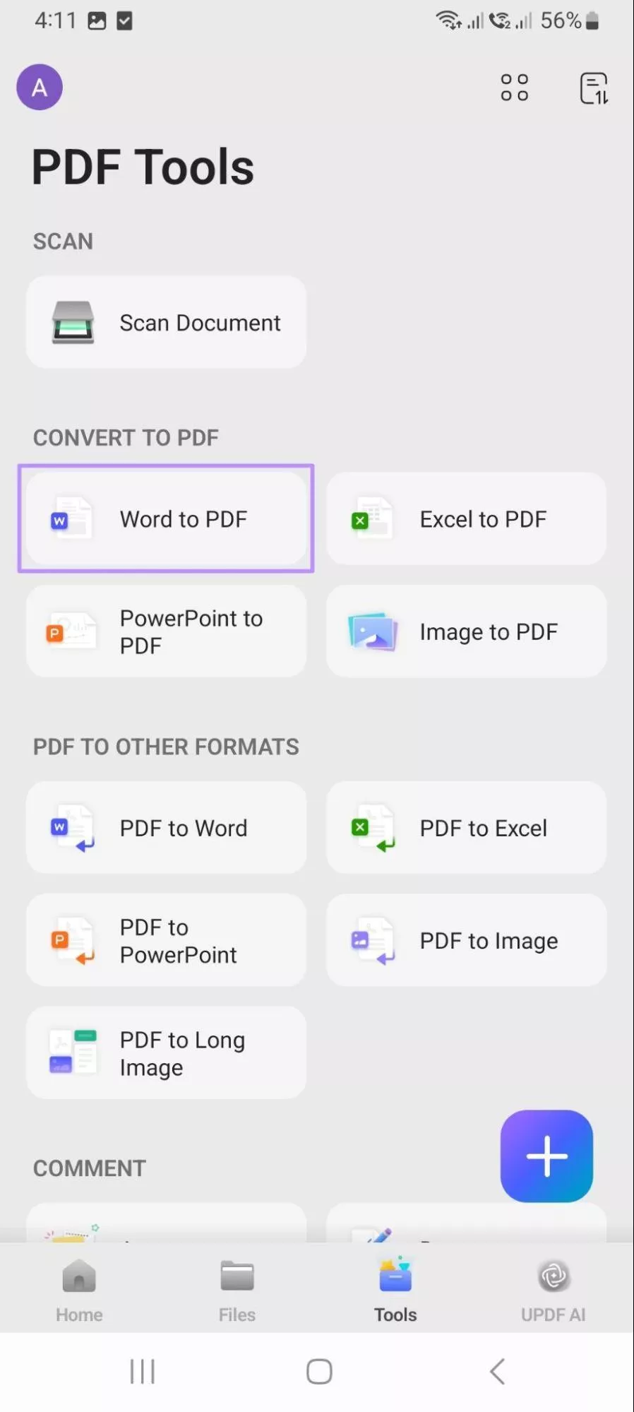 enter word to pdf and import files updf android