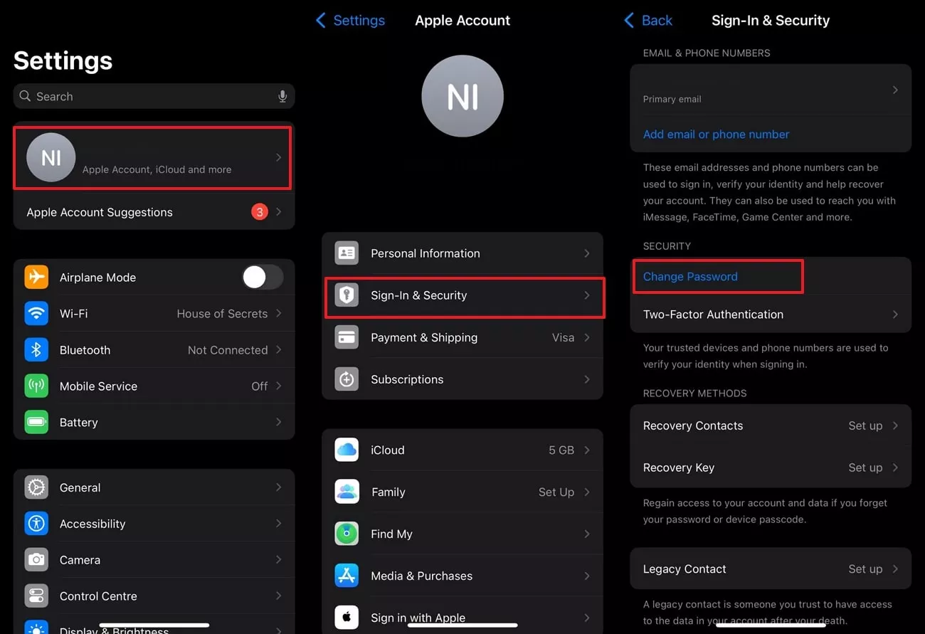 select change password option