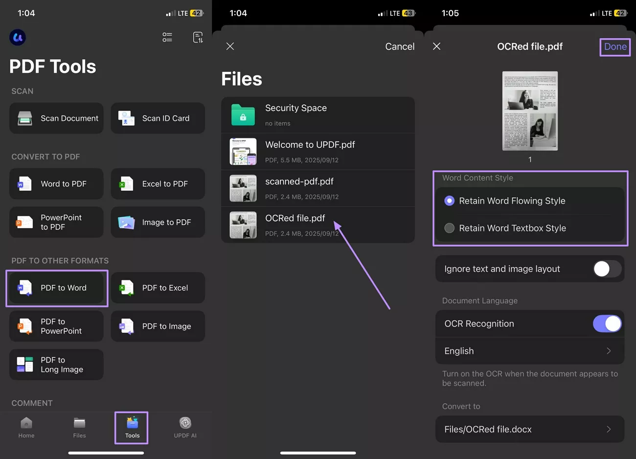 import ocred file and convert updf ios