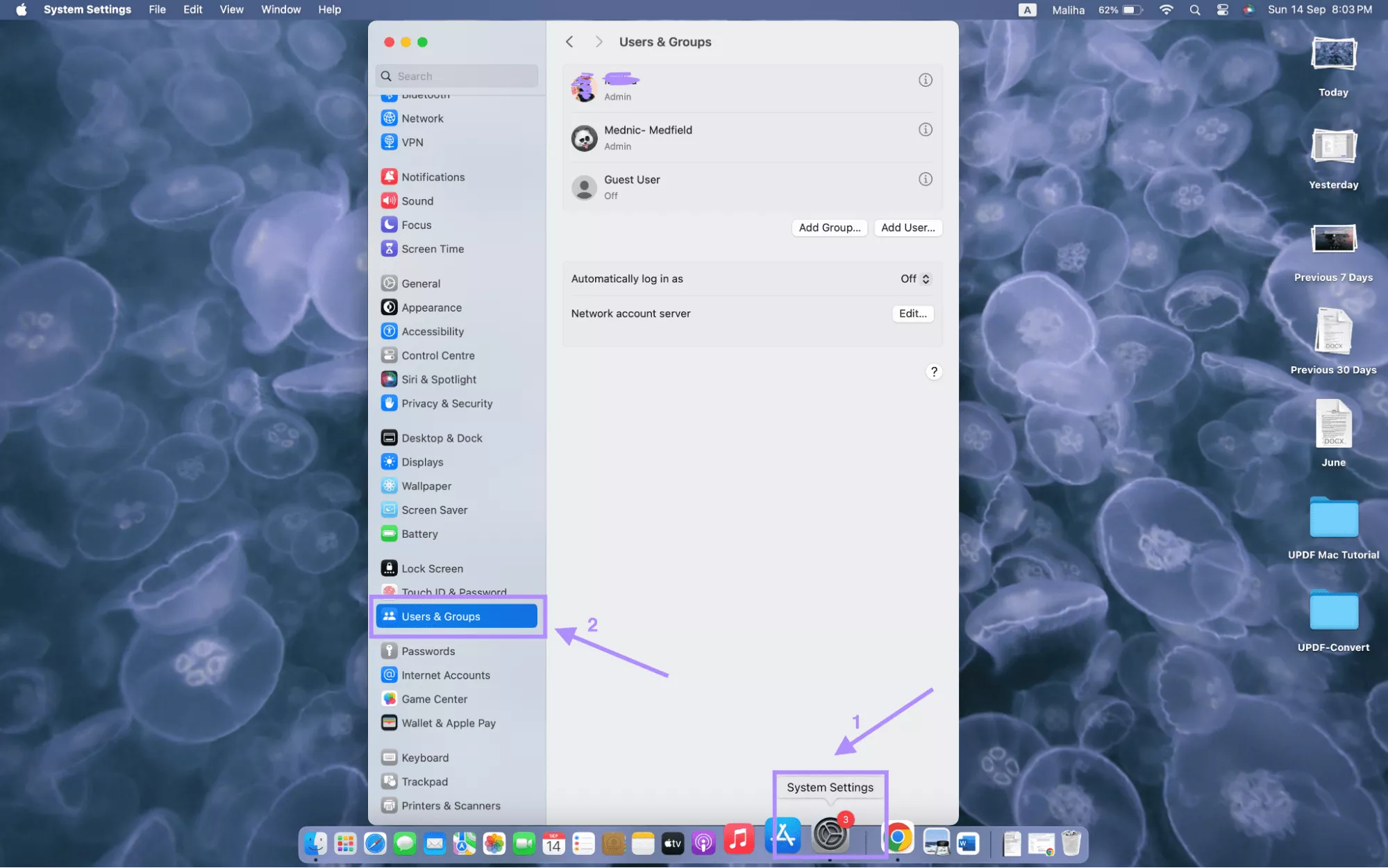 open settings select user and groups mac