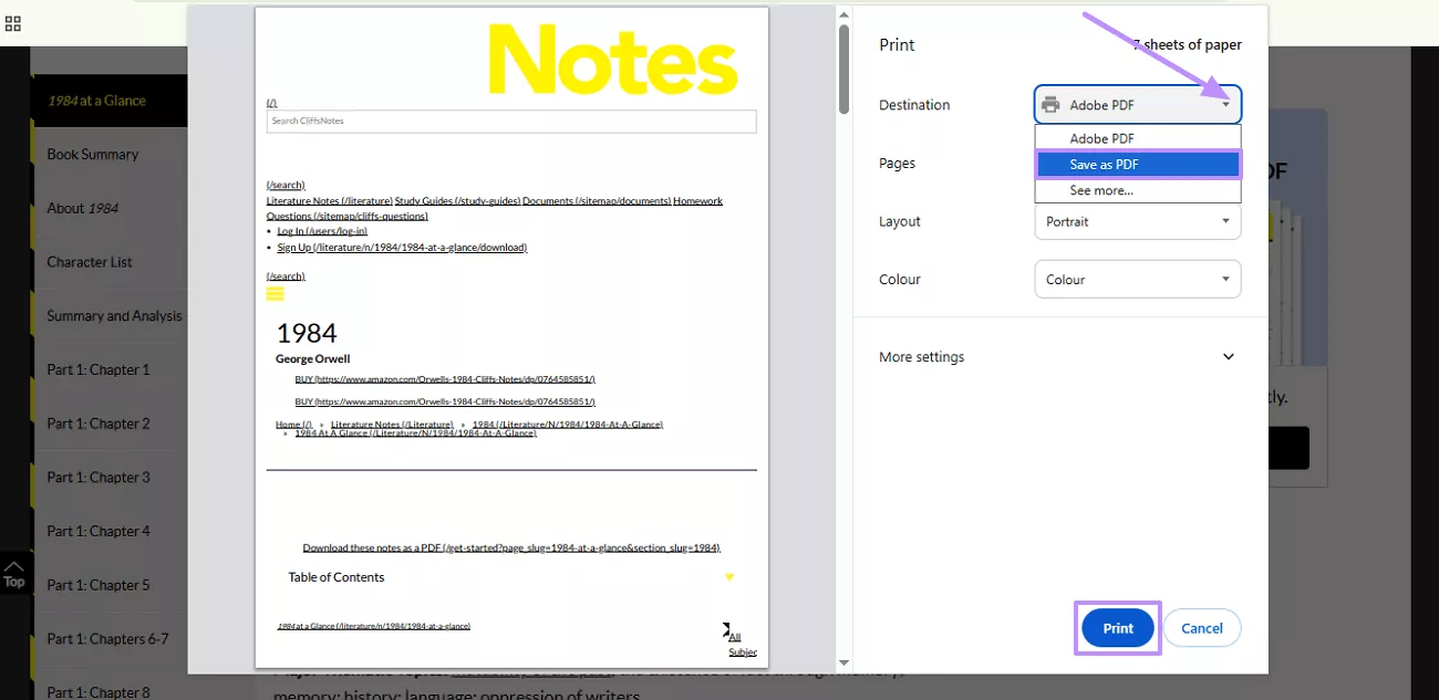 print page as pdf cliffsnotes