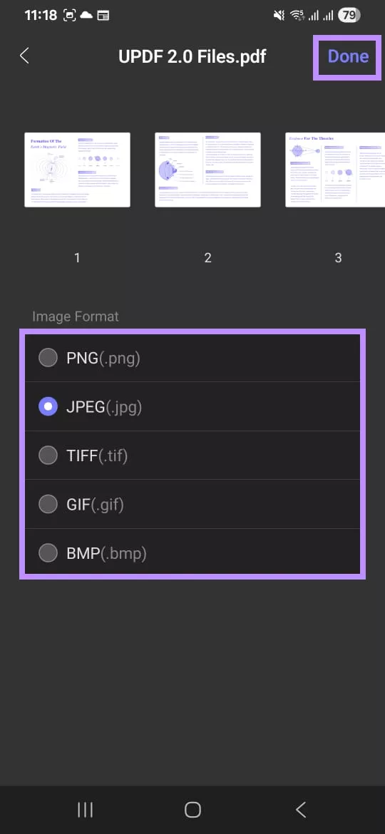 select an image format updf android