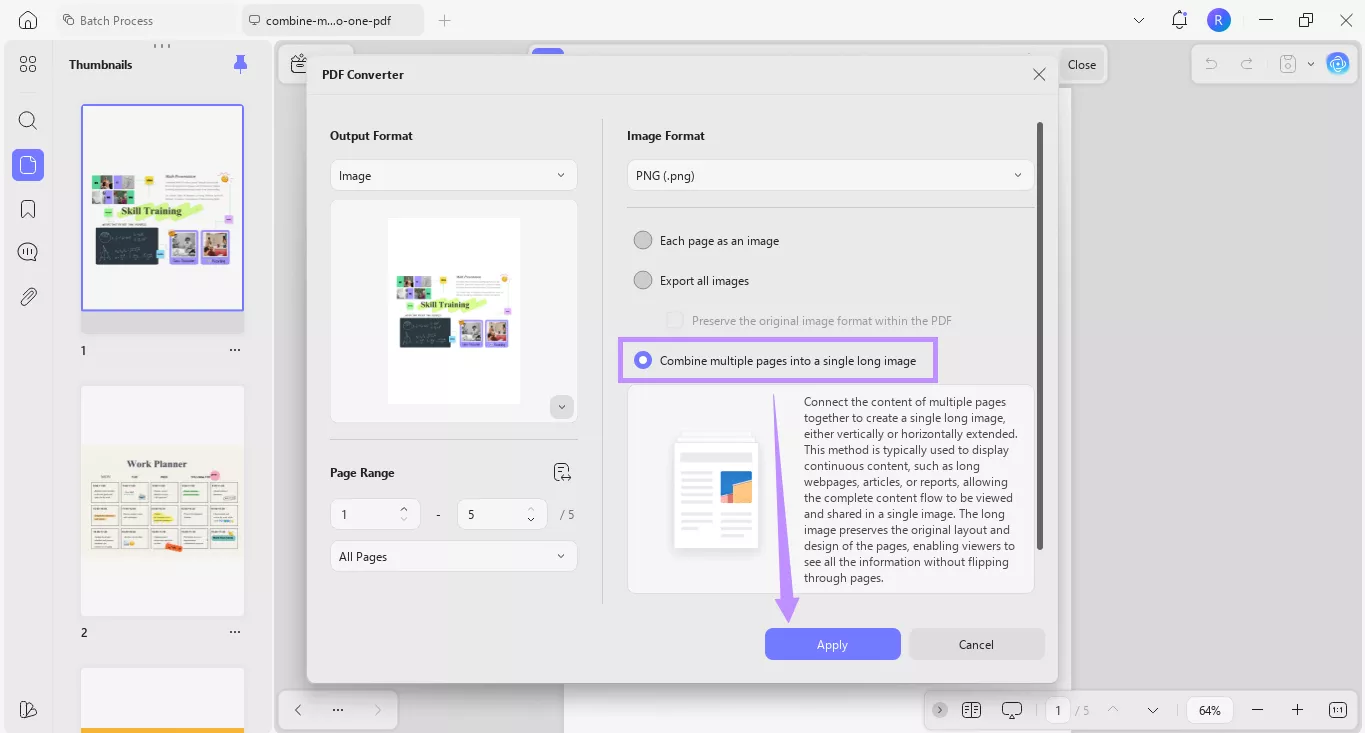 Alt-text: select combine multiple pages into a single long image and apply updf windows