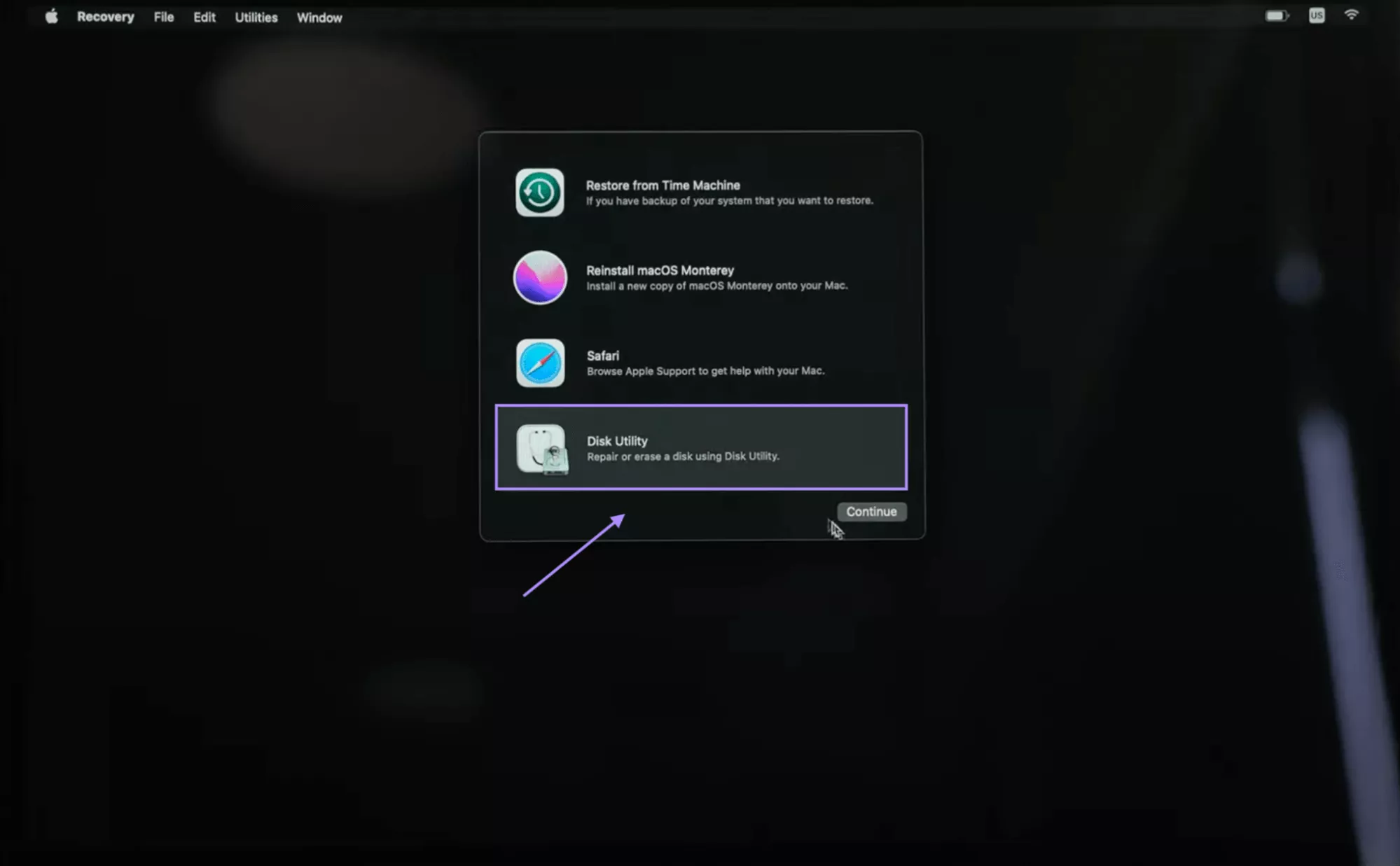 select disk utility from utility window mac
