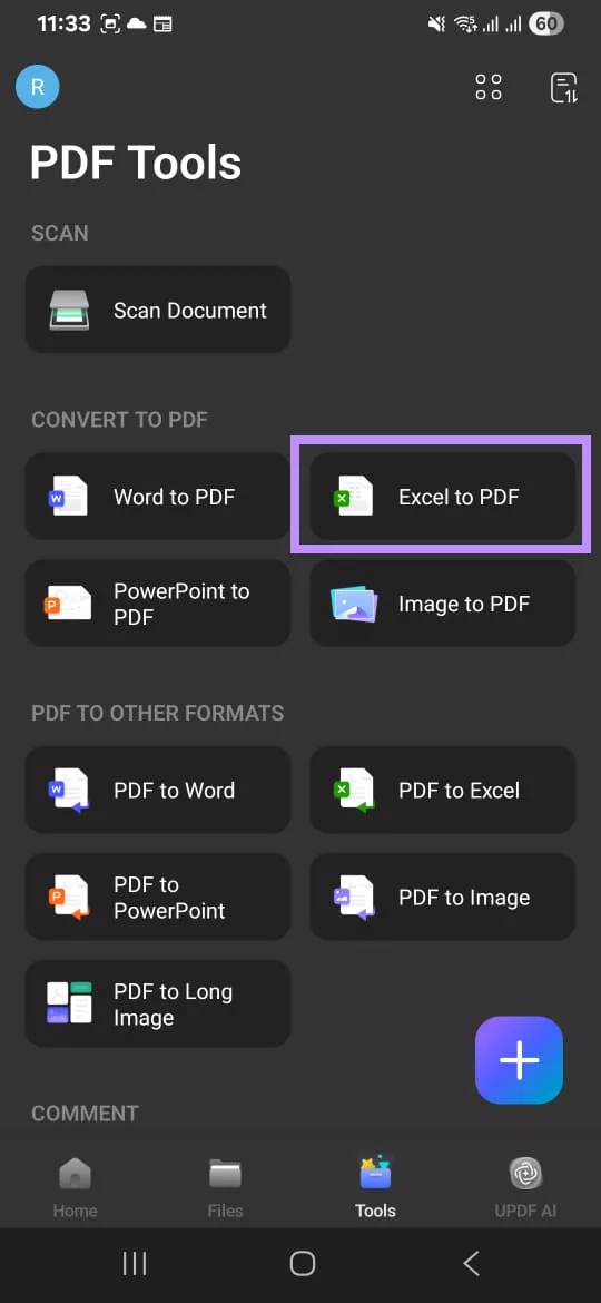 select pdf to excel in tools updf mobile