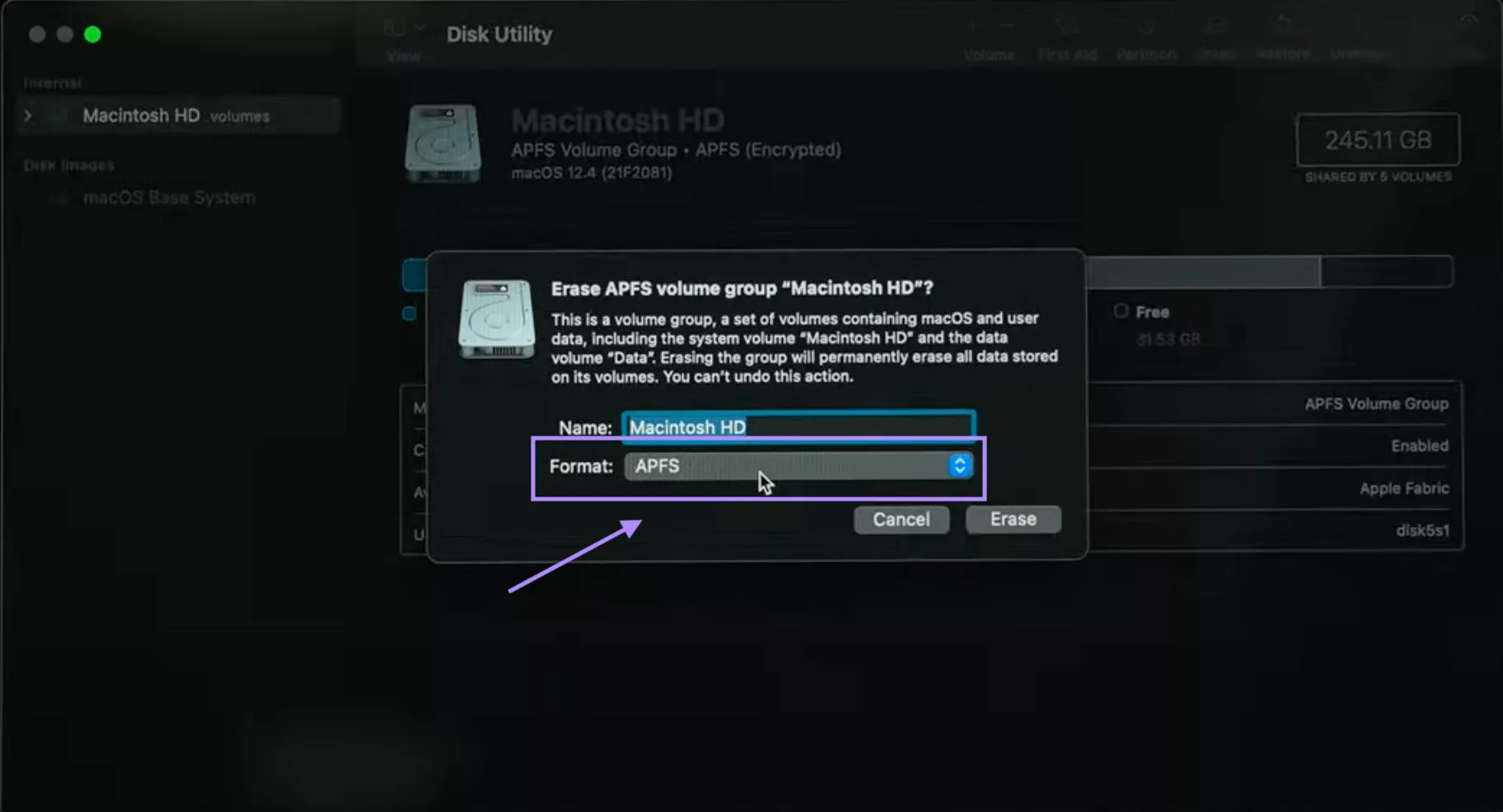 select format APFS to erase mac