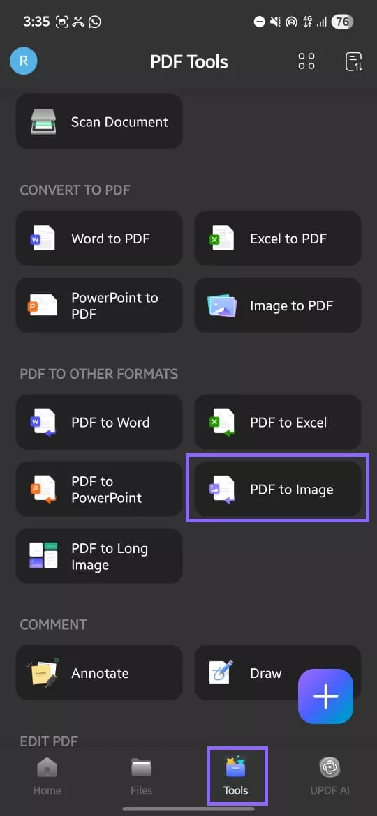 select pdf to image updf android