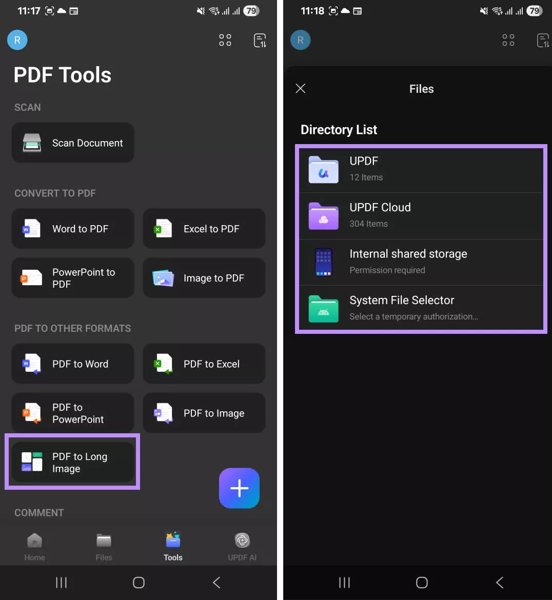 select pdf to long image and storage location updf android