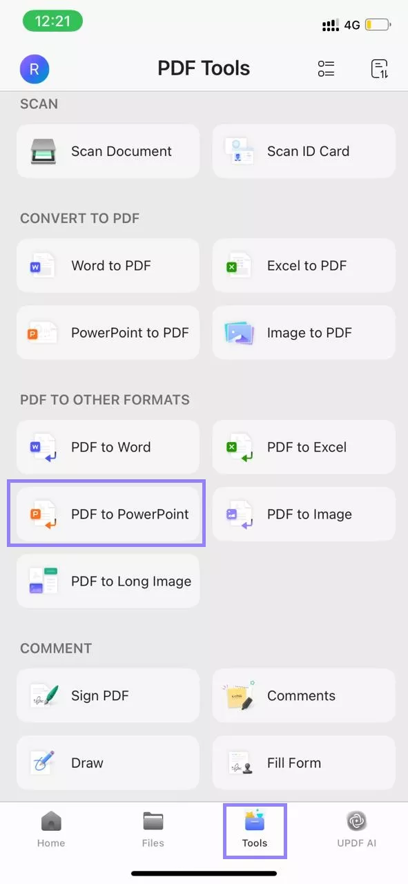 select pdf to powerpoint updf iphone