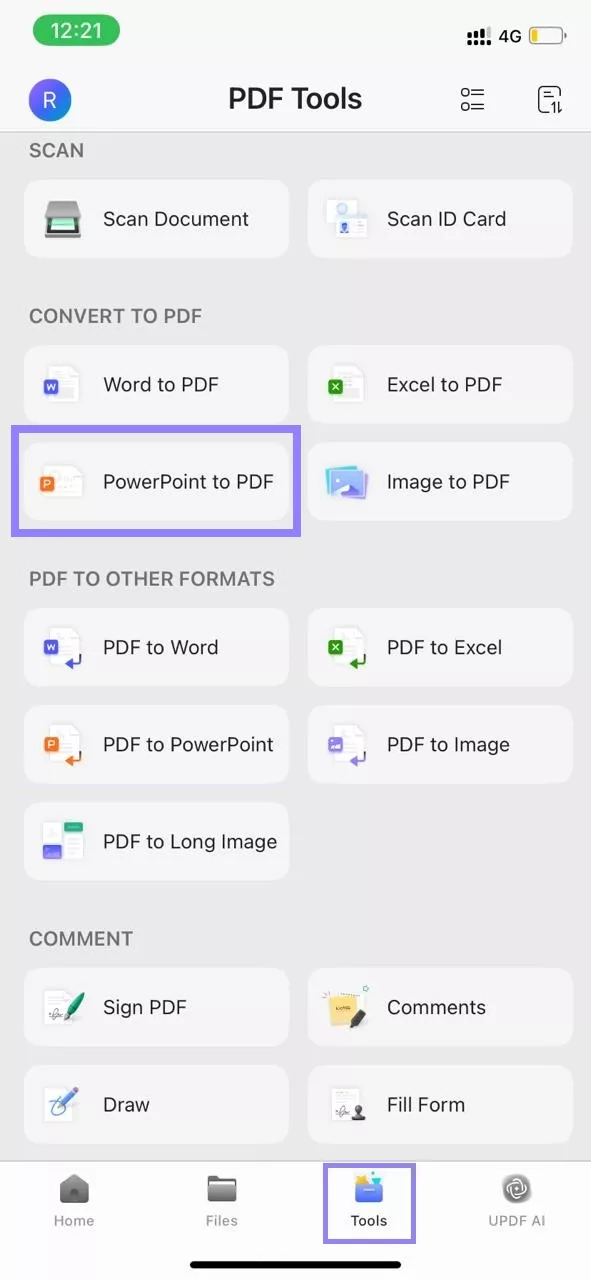 select pdf to powerpoint updf iphone