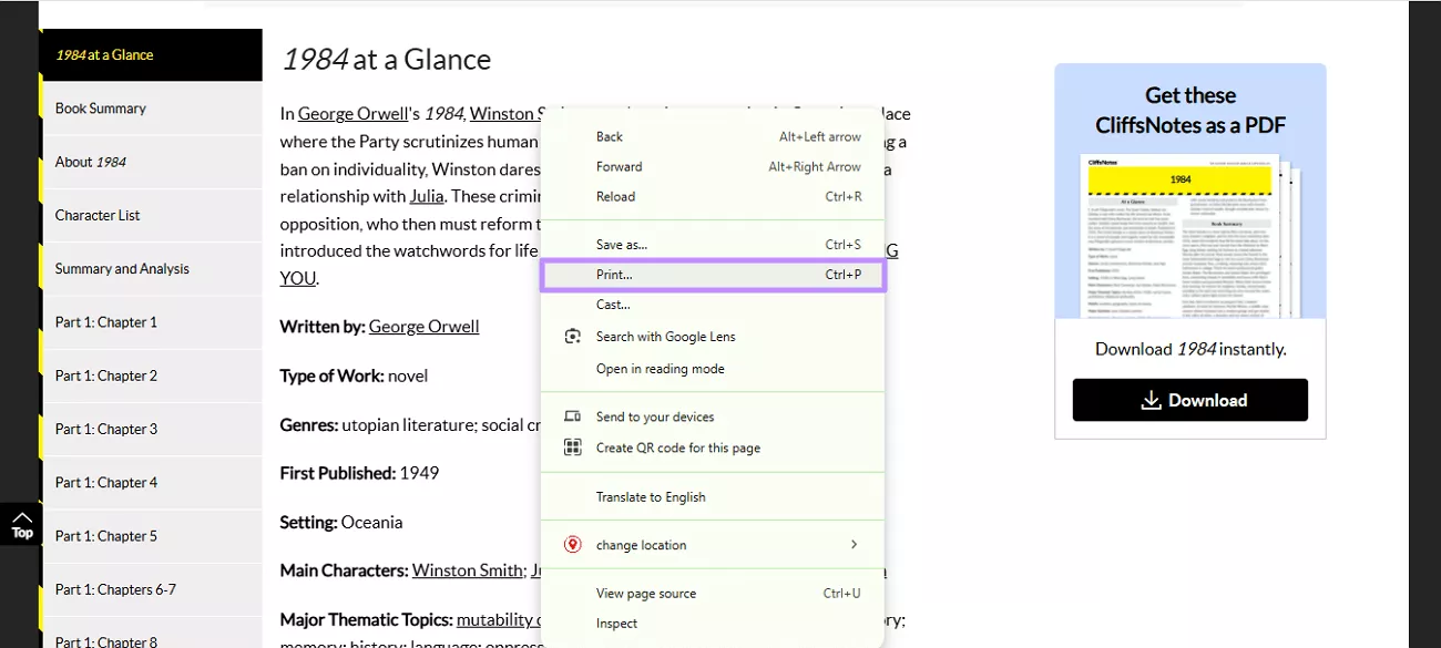 select the print option cliffnotes