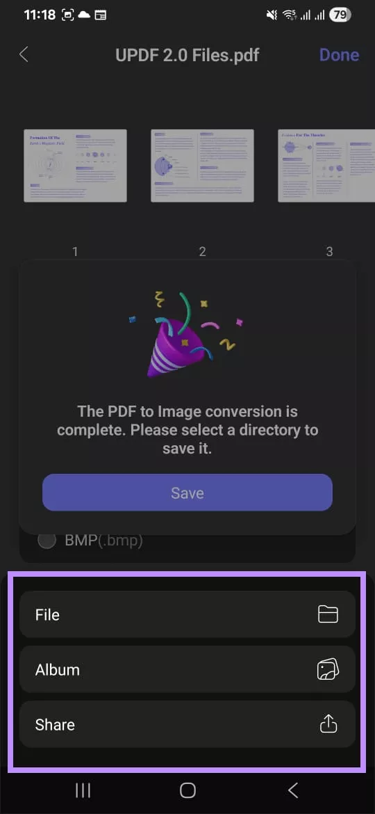 select where to save or share the image updf android