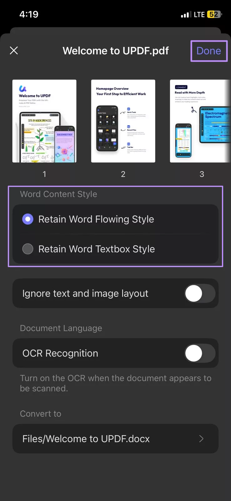 Image Alt: select word content style and confirm updf ios