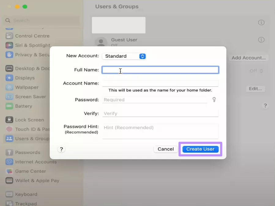 tap create user to add account mac
