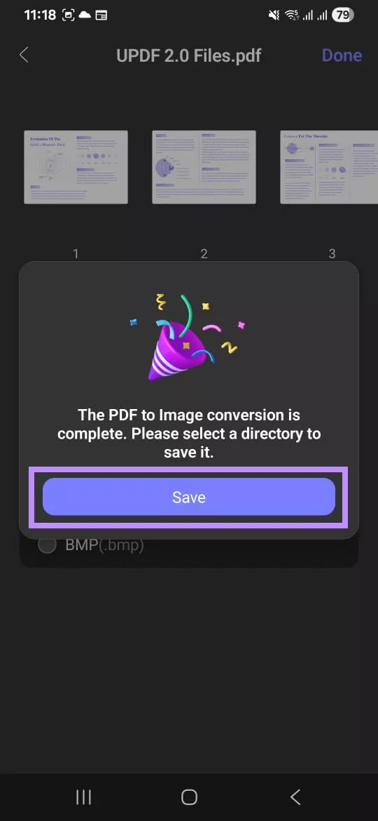 tap on save to convert pdf to jpg updf android