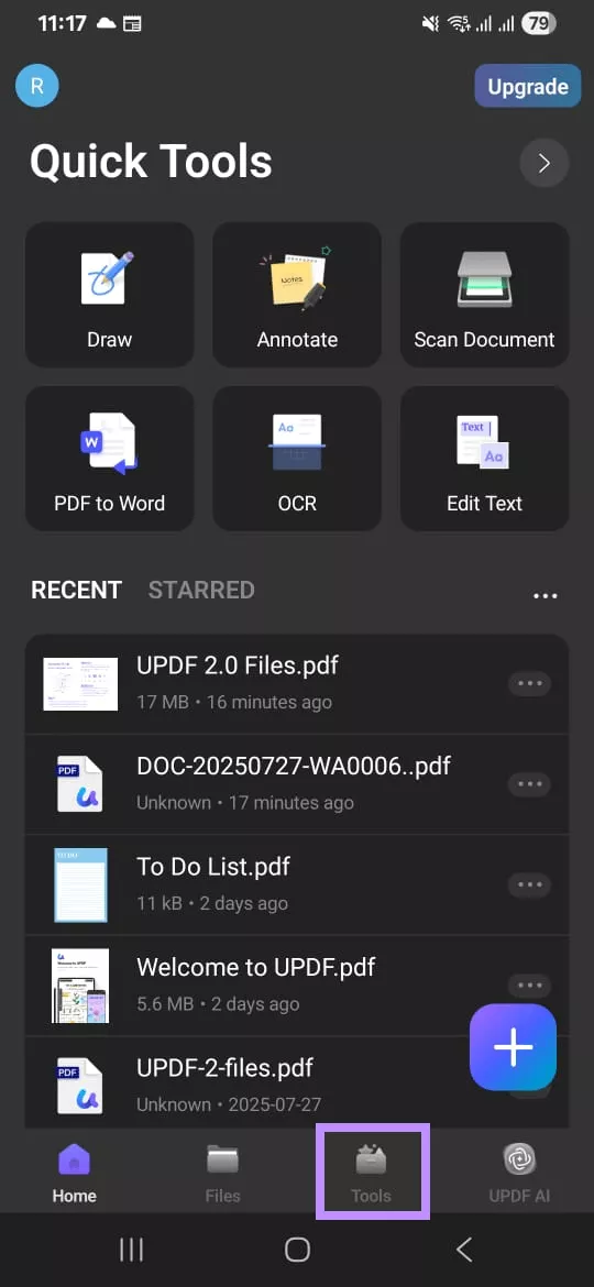 tap on tools updf android