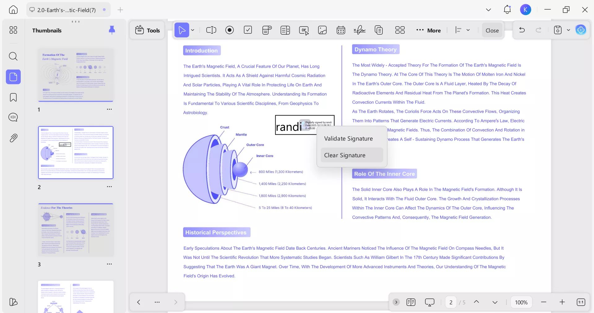 showing updf form mode with right-click menu highlighting the clear signature option