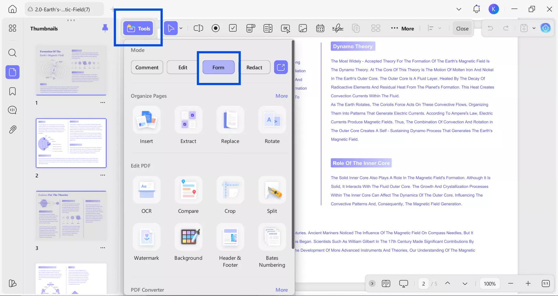 showing updf form option in tools section
