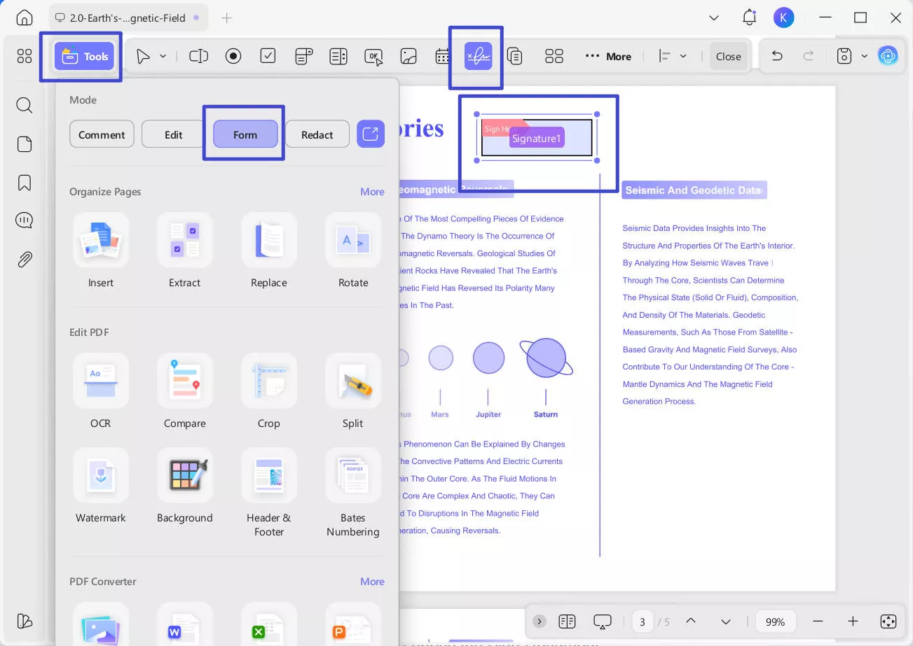 updf form tool with signature field placement