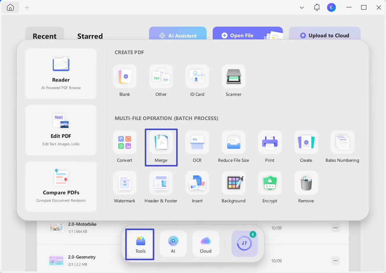 updf merge interface under multi-file operation
