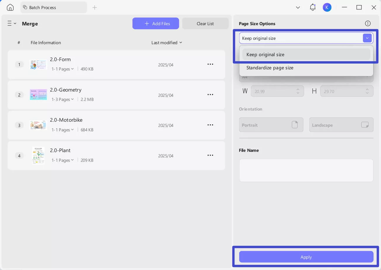 updf merge interface with keep original size selected