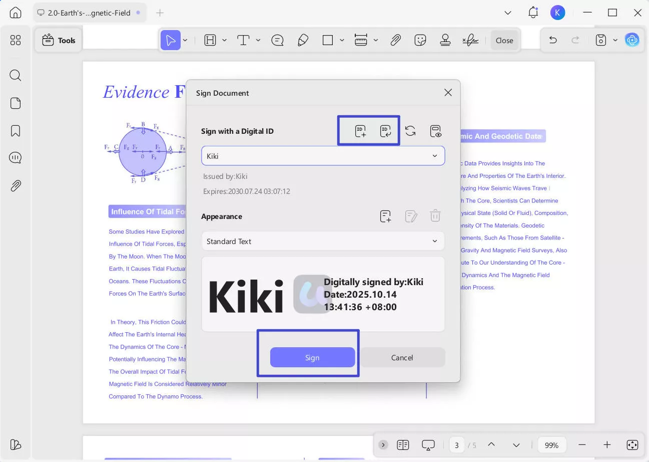 updf sign document appearance window with the sign option selected