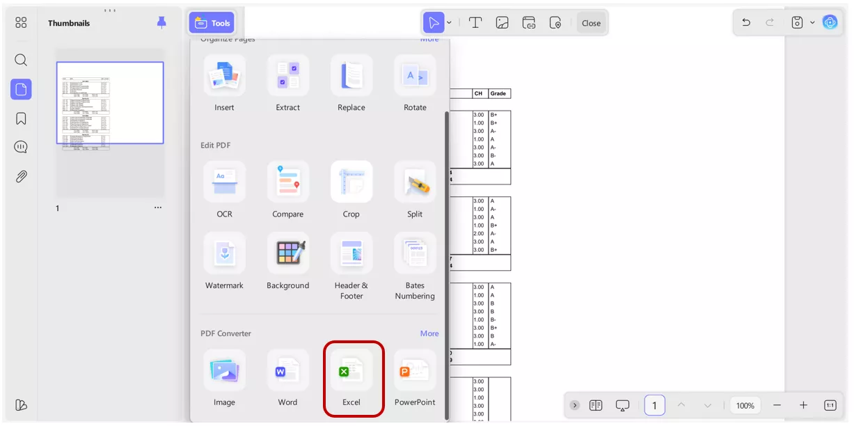 converting to excel format in updf