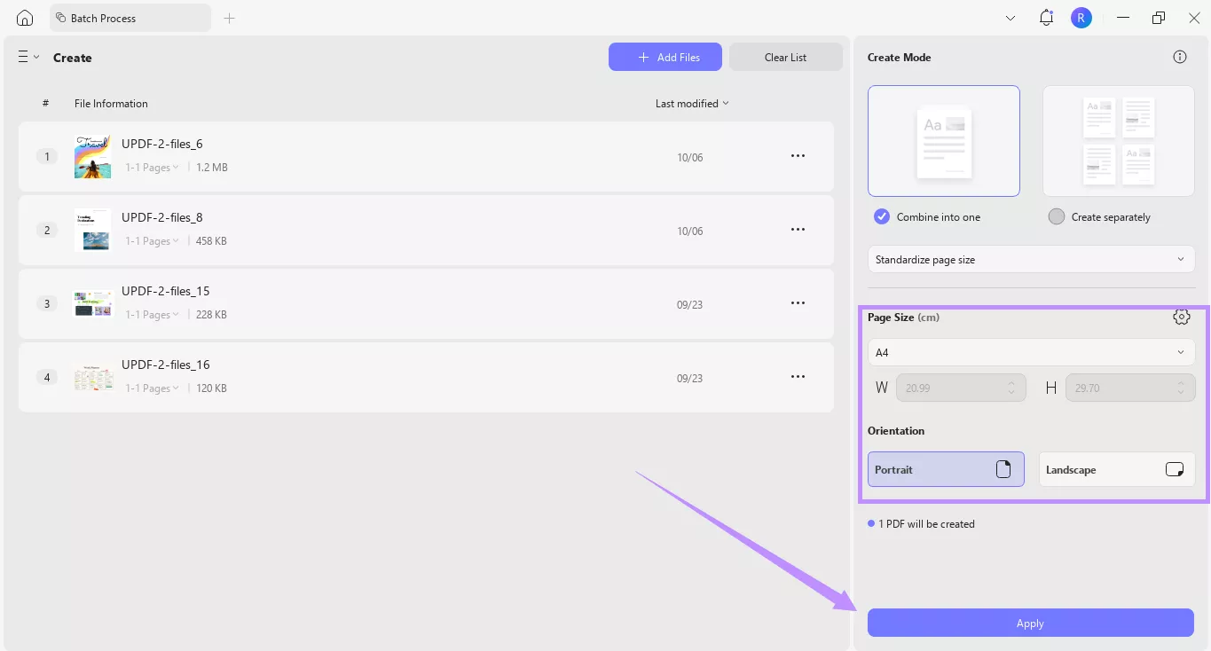 adjust page size and orientation and click apply updf windows