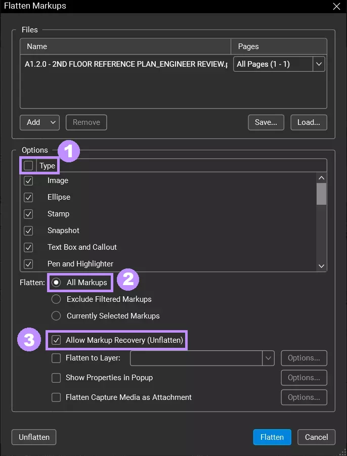 adjust settings to flatten markups bluebeam