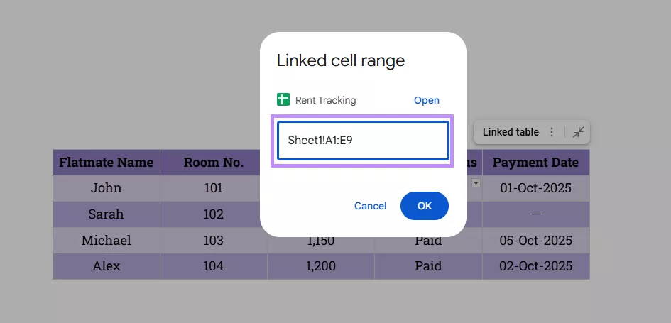 adjust the cell range for google sheets in google docs