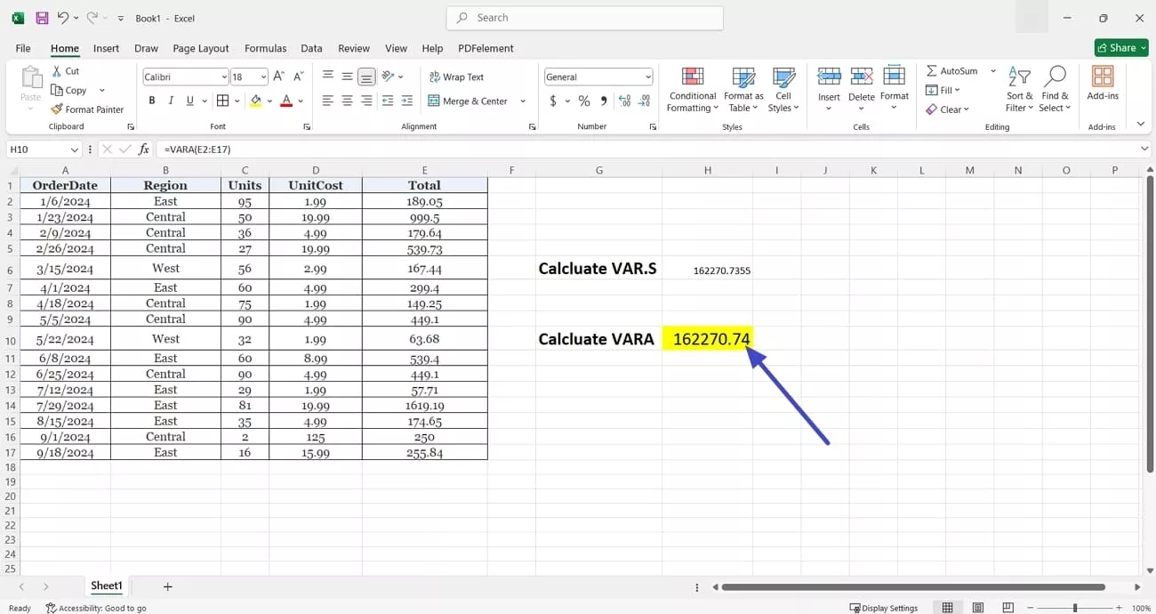 excel calculate vara function